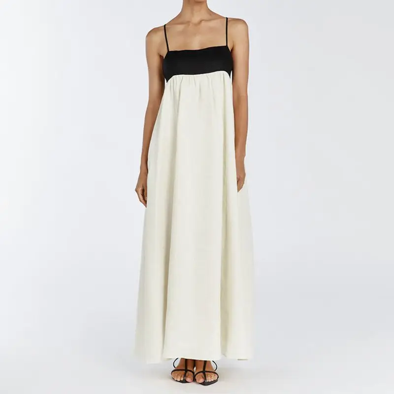 

New Black Beige Cotton Contrasting Suspender Dress For Summer 2024 Women's Sleeveless Fashion Sexy Backless Long Puffy Skirt