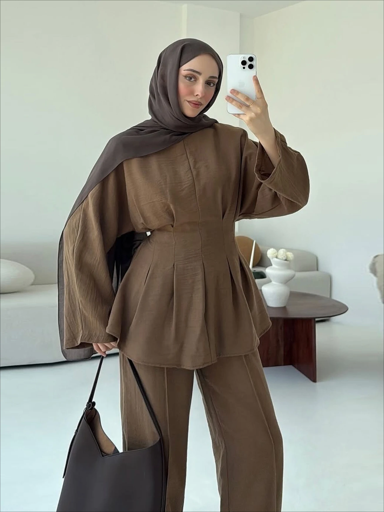 Eid Frauen 2-teiliges Set Schnürhemd Gerade Hose Muslimische Sets Ramadan Dubai Elegante Musulman Ensembles Arabische Lange Hose Marokko