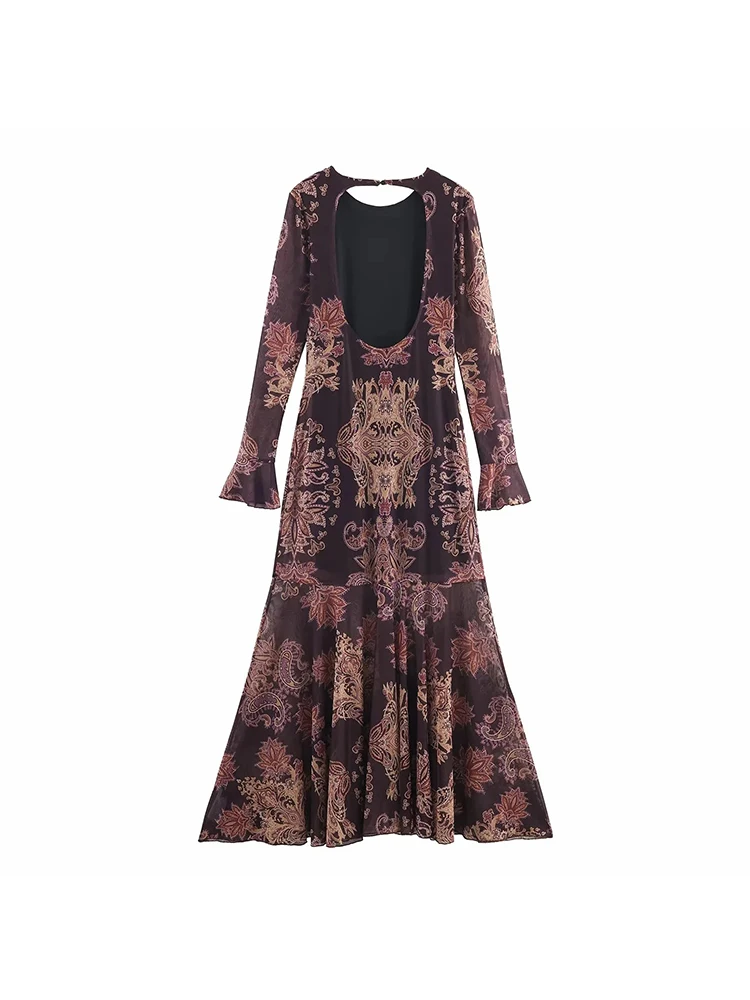 المرأة الجديدة س الرقبة زهرة طباعة فستان المرأة عارية الذراعين كم كامل فضفاض ميدي طويل سوينغ رداء عطلة #2