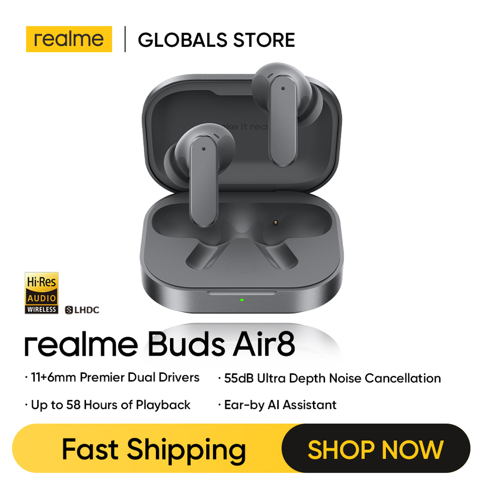 [In Stock] TWS Earphones realme Buds Air8 Russian Version 6-mic Noise Cancellation AI Assistant 3-device Connection