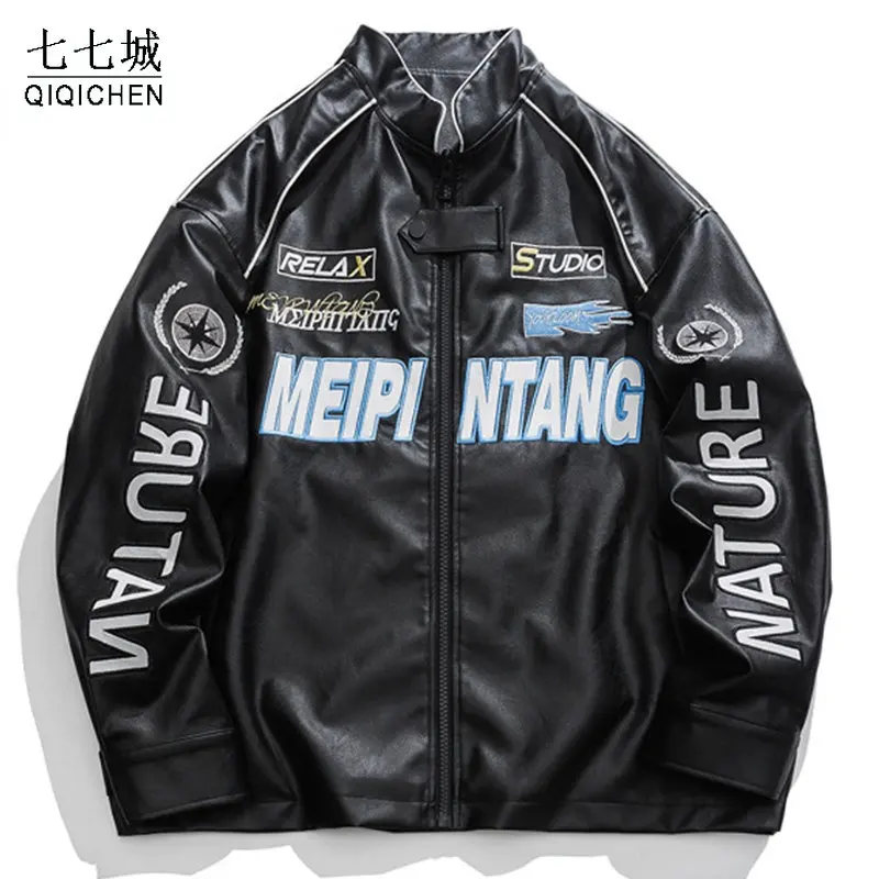 

Men Embroidery Motorcycle Leather Jacket Hip Hop PU Leather Stand Collar Oversize Bomber Jackets Spring Korean Style Coat Couple