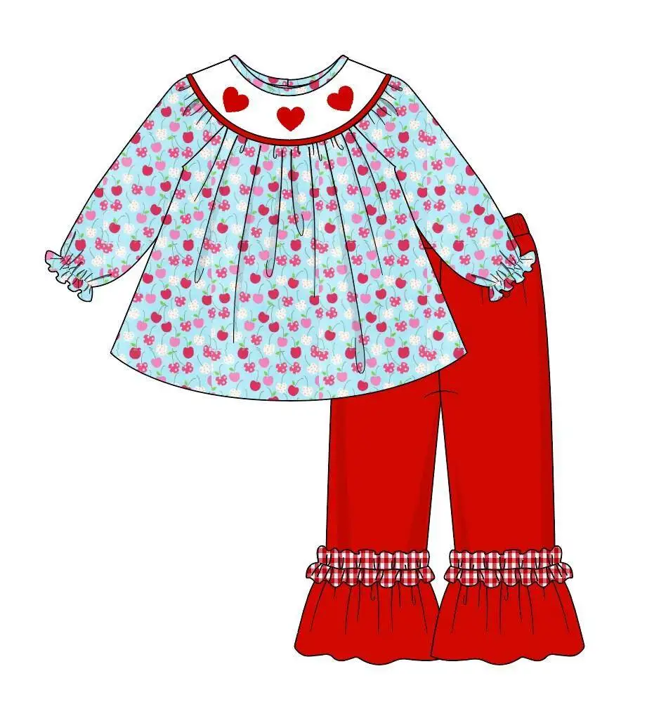 Valentine's Day Children's Clothing Girls Boutique Baby Cherry Love Print Ruffle Pants Suit Twins Matching Boys Suit