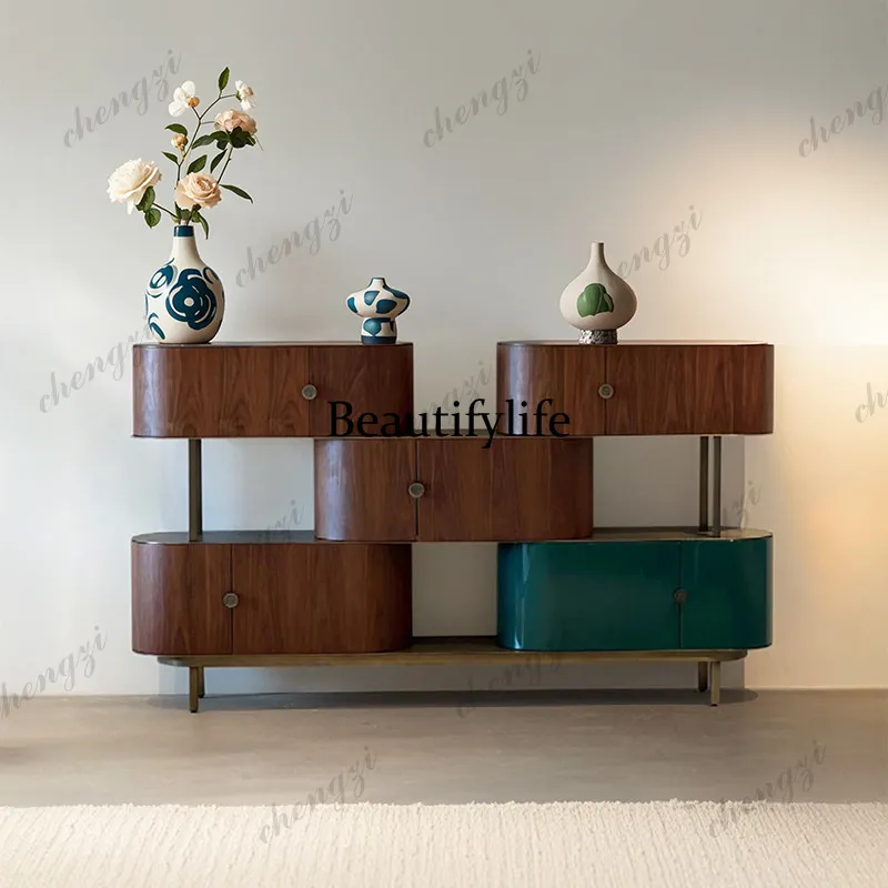 Italian light luxury solid wood dining side cabinet, minimalist walnut color partition cabinet, entrance hall entrance cabinet