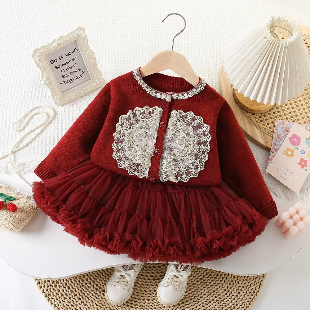 Festliches Feiertags-Set für Mädchen – rote Strickjacke + gefütterter Tüll-Tutu-Rock (oder Kleid), süßes 2-teiliges Party-Outfit für Kinder im Alter von 2–8 Jahren