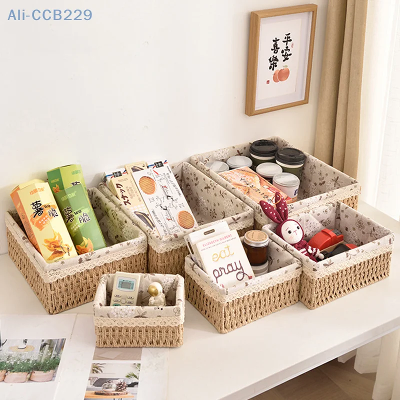 Multi-Purpose Storage Weave Basket Imitation Rattan Desktop Sundries Organizer Cosmetics Snack Basket Home Decoration【A】
