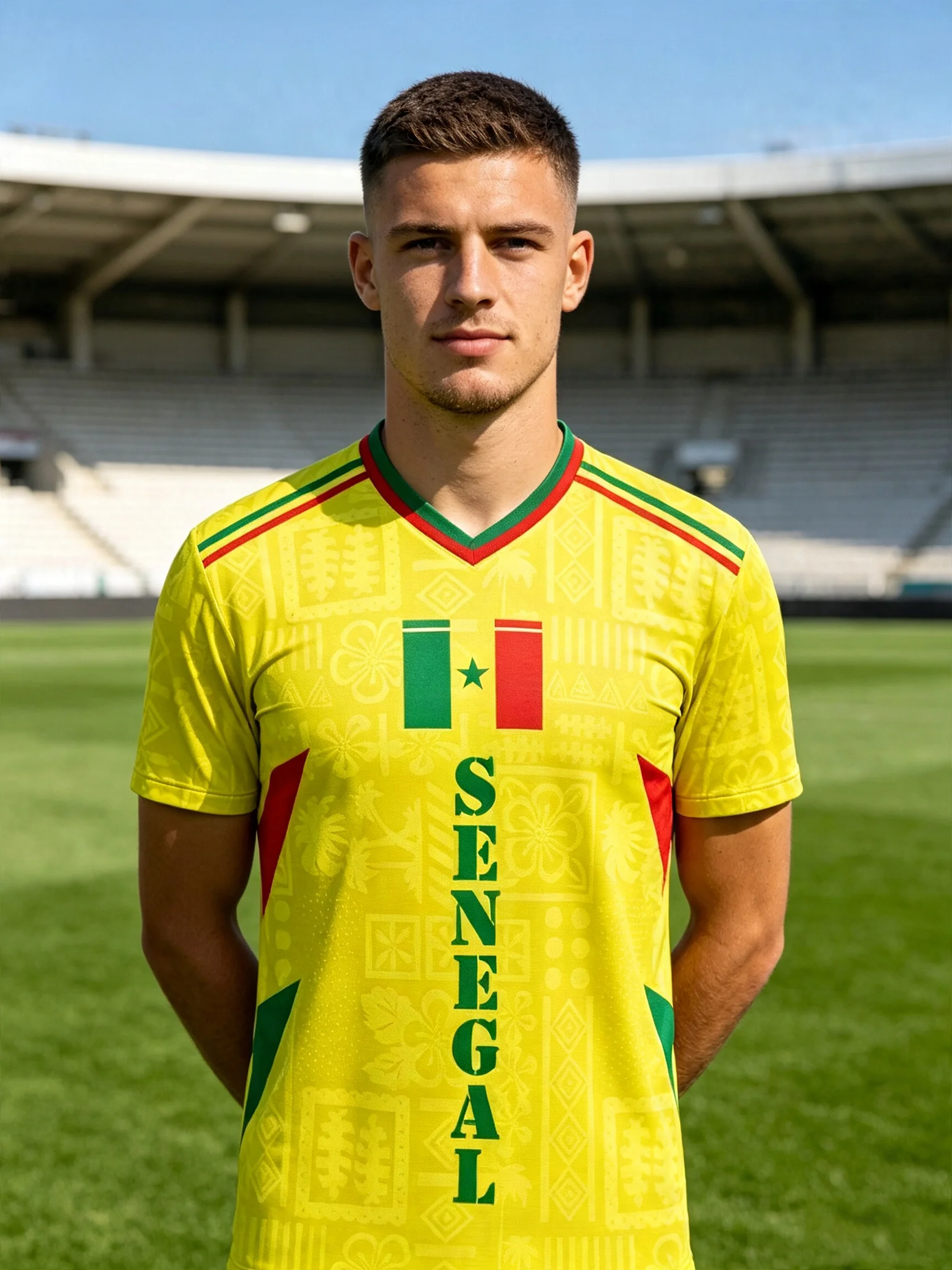 2026 Senegal V‑neck soccer jersey, yellow ethnic‑pattern fabric, vertical flag stripe print, quick‑dry material