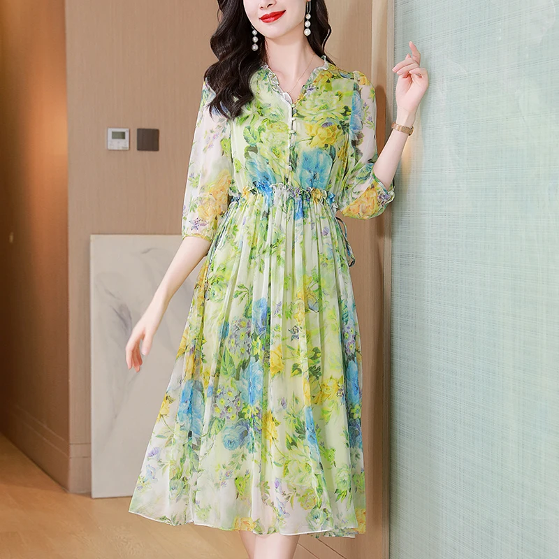 100% Real Silk Summer Vintage Dresses for Women Holiday Elegant V-neck Three Quarter Sleeve Floral Print Women's Long Dress