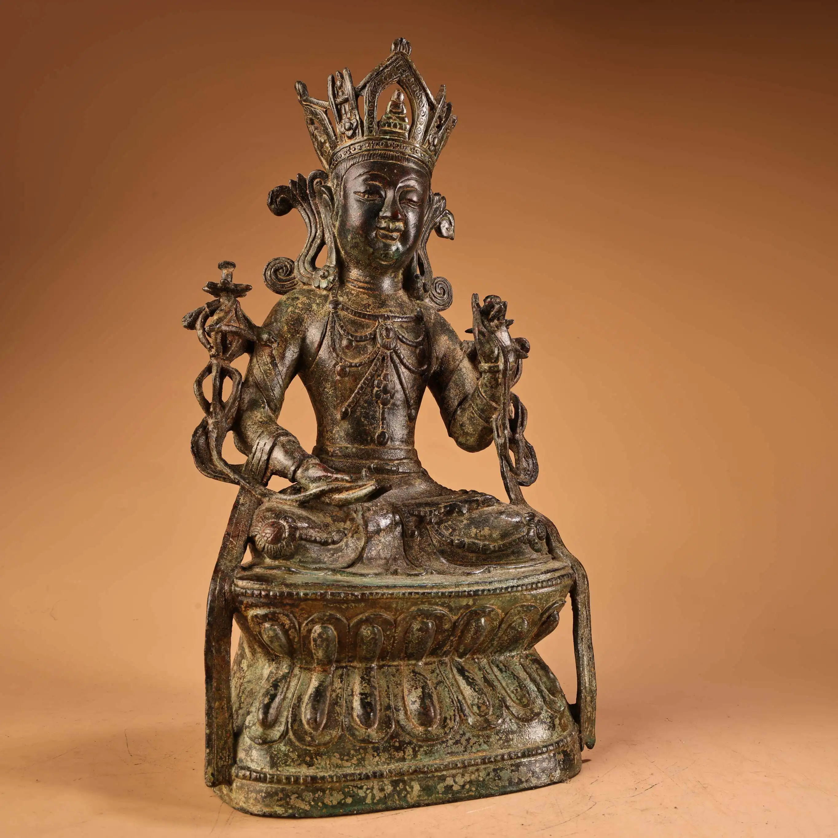 Tibetan Green Tara Copper Statue Gilt Craft Palace Style Home Decor Collectible Figurine