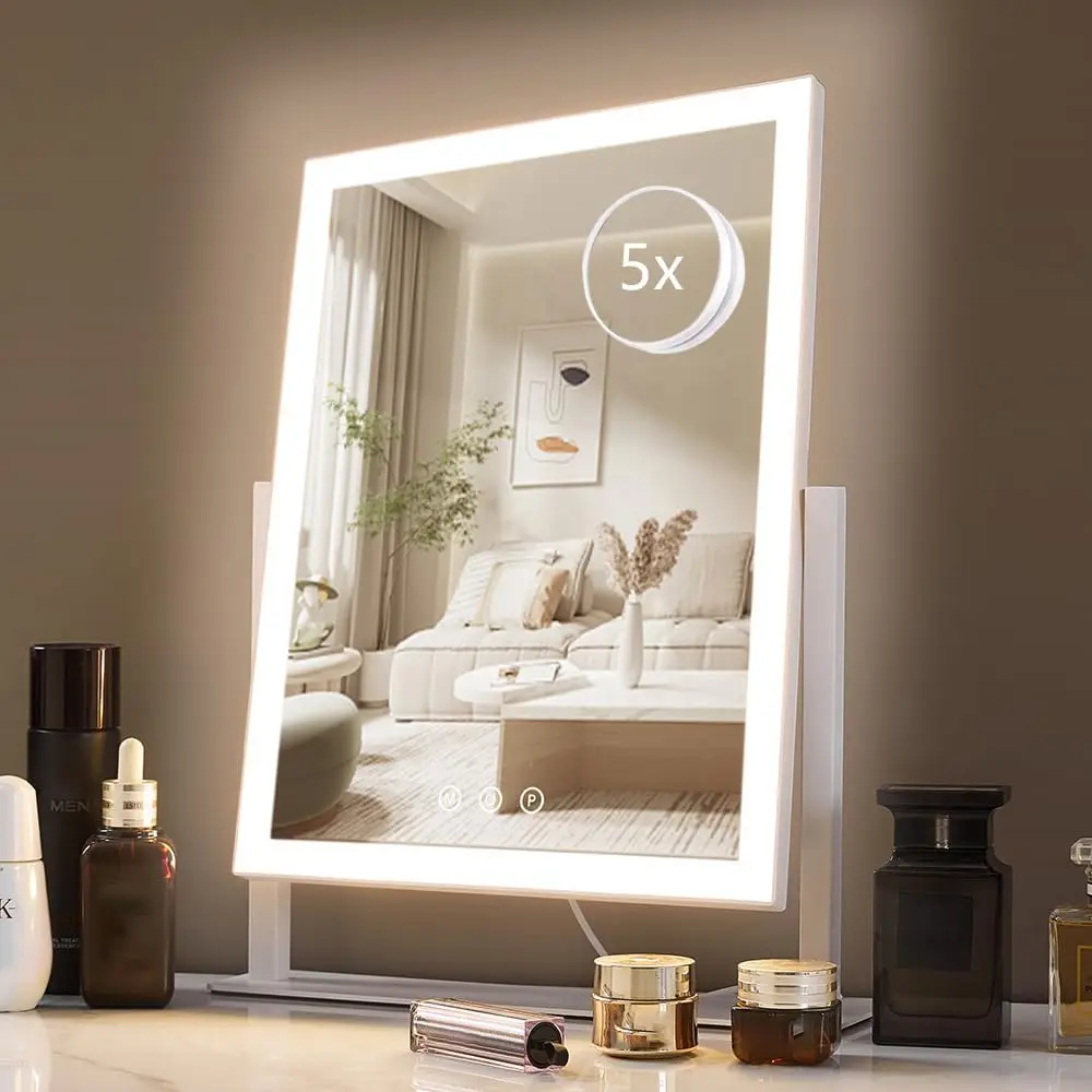 

Lighted Makeup Mirror with 3 Color Modes, 5X Magnification, Touch Control & 360° Rotation - White, Gift Box Included