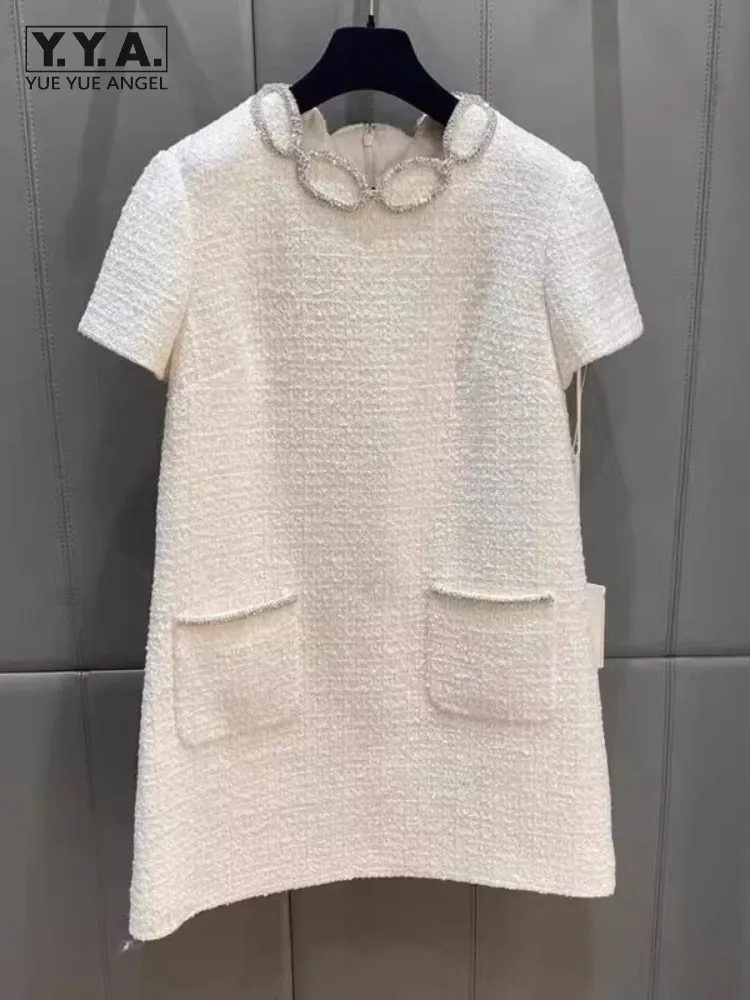 Vestido feminino reto de manga curta de Tweed, vestido feminino, gola O, diamantes, zíper, casual, escritório, estilo francês, moda feminina