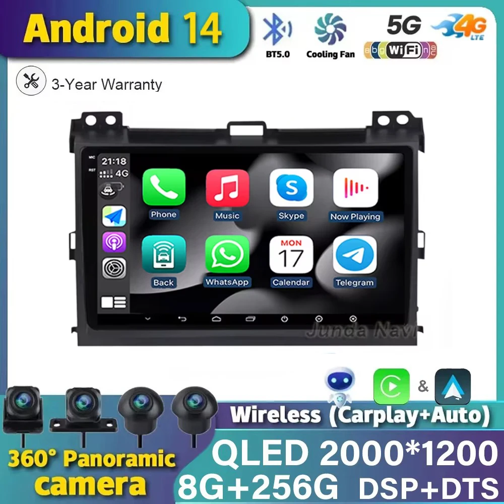 Android 14 Multimedia Stereo For Toyota Land Cruiser Prado 120 3 Lexus GX470 J120 2003-2009 WIFI 4G Car Radio Navigation Carplay