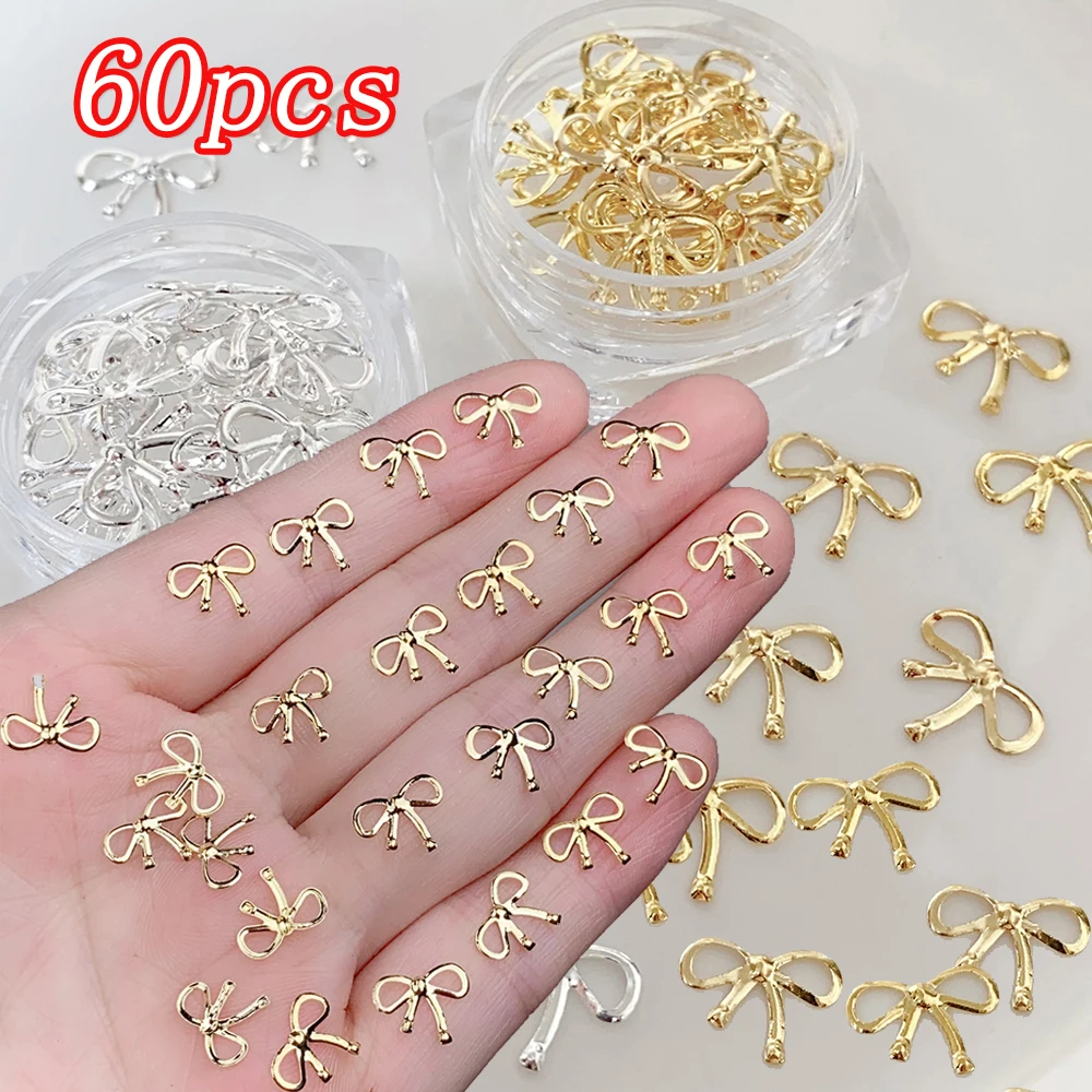 60PCS 3D Gold Silver Mixed Bowknot Nail Art Decoration Alloy Ribbon Bowk Design Nail Charms Jewelry DIY Bow-knot Manicure Crafts