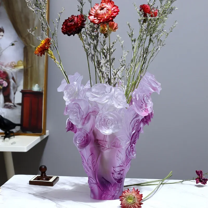Glazed rose vase ornament light luxury high-end living room water-raised flower arrangement dining table wine cabinet decoration