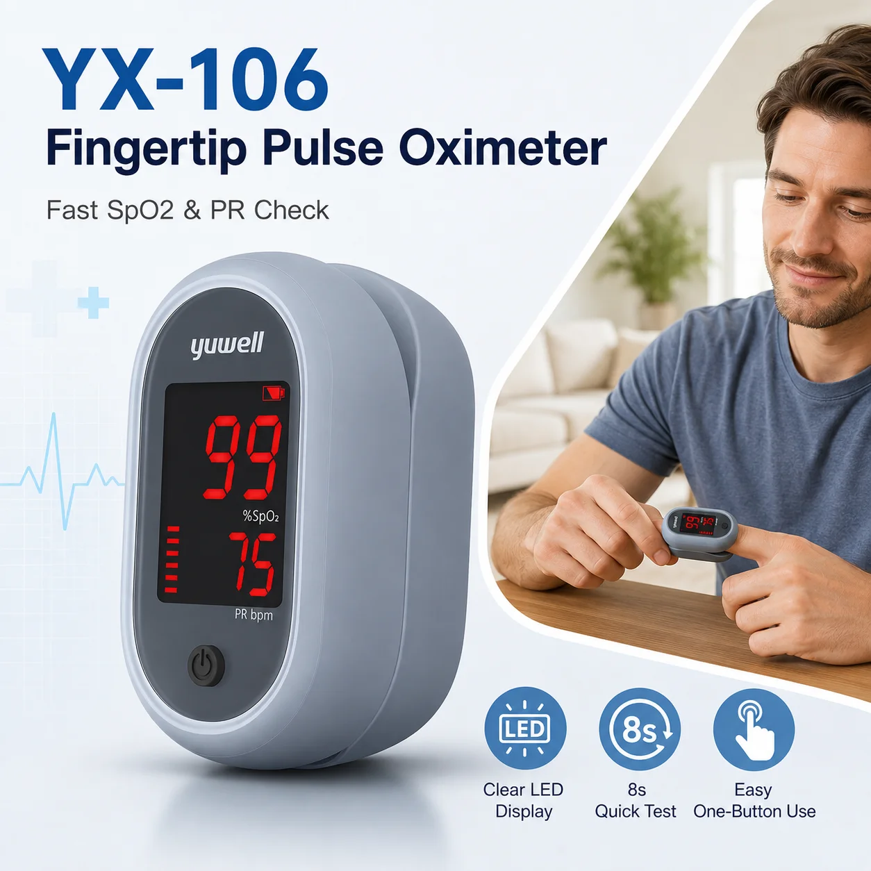 Yuwell YX-106 Fingertip Pulse Oximeter SpO2 Blood Oxygen Saturation Pulse Rate Monitor LED Display Portable Home Health Check