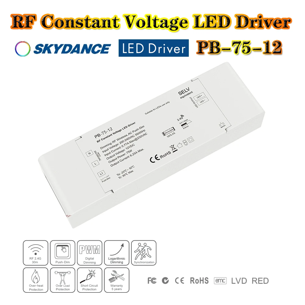 

Skydance PB-75-12 AC200-240V to DC12V 75W Dimmable 2.4GRF AC Push-Dim LED Driver Constant Voltage Transformer For Indoor strip
