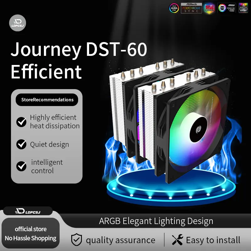 LDPCSJ Journey DST-60 double tour refroidisseur ventilateur CPU ARGB Six tuyaux en cuivre ordinateur de bureau hôte châssis PWM refroidissement par Air Co