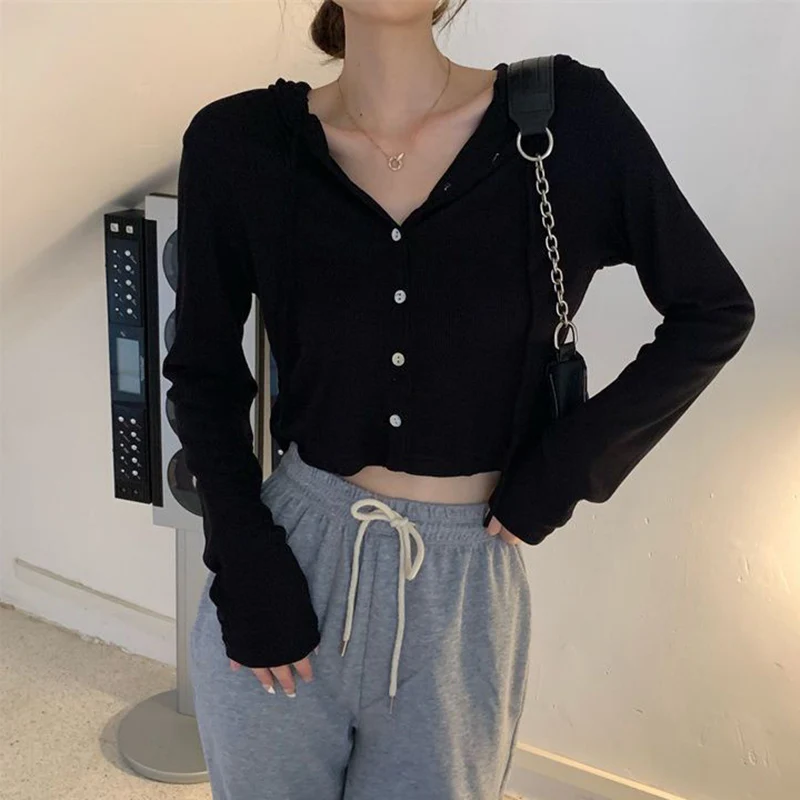 Rimocy Summer Knitted Hooded Cardigan Women Korean Streetwear Single Breasted Crop Tops Woman Solid Long Sleeve Knitwear Top