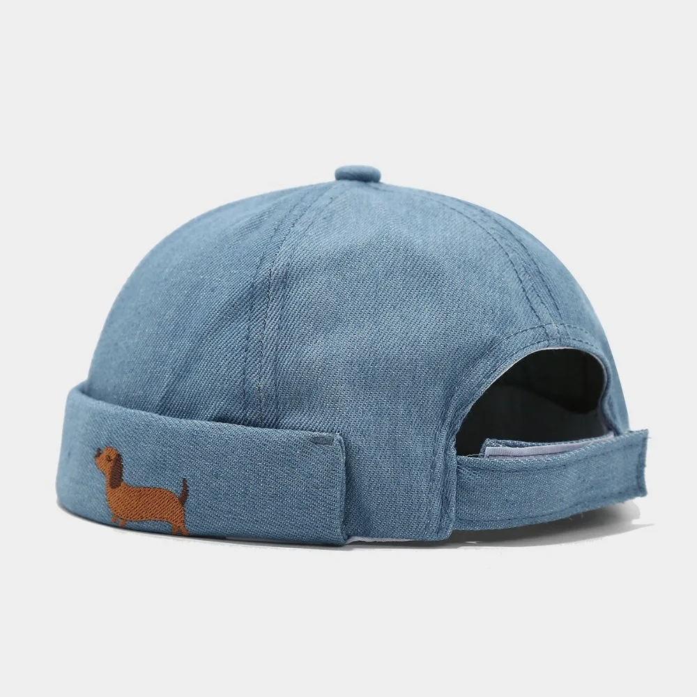 Повседневная джинсовая кепка без полей в стиле ретро, японский стиль, мультяшная шляпа с вышивкой собаки, регулируемая кепка-докер, унисекс