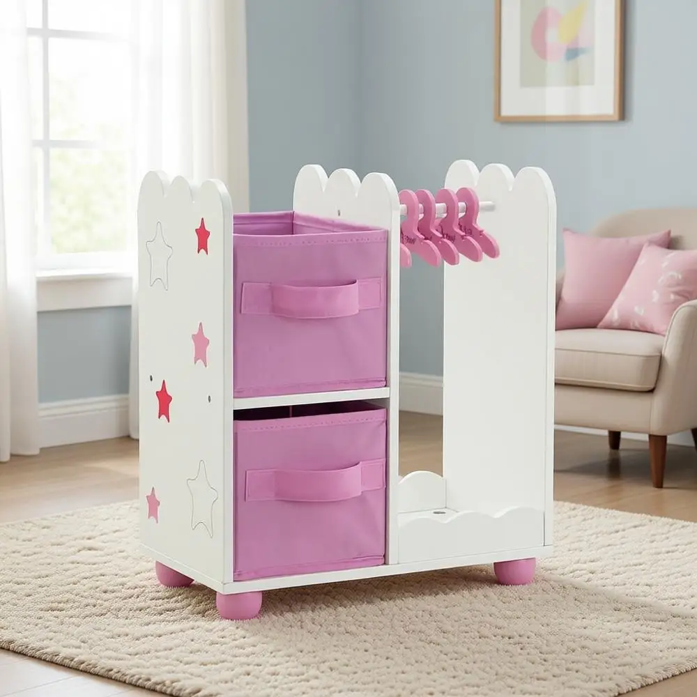 

14 Inch Doll Wooden Wardrobe Closet with Hangers and Storage Bins