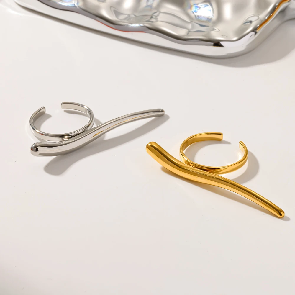 TD Minimalistischer Offener Ring aus Edelstahl, 18K PVD-Beschichtung, Wasserdichter Alltagsschmuck für Damen, Linien-Design – Detail 3