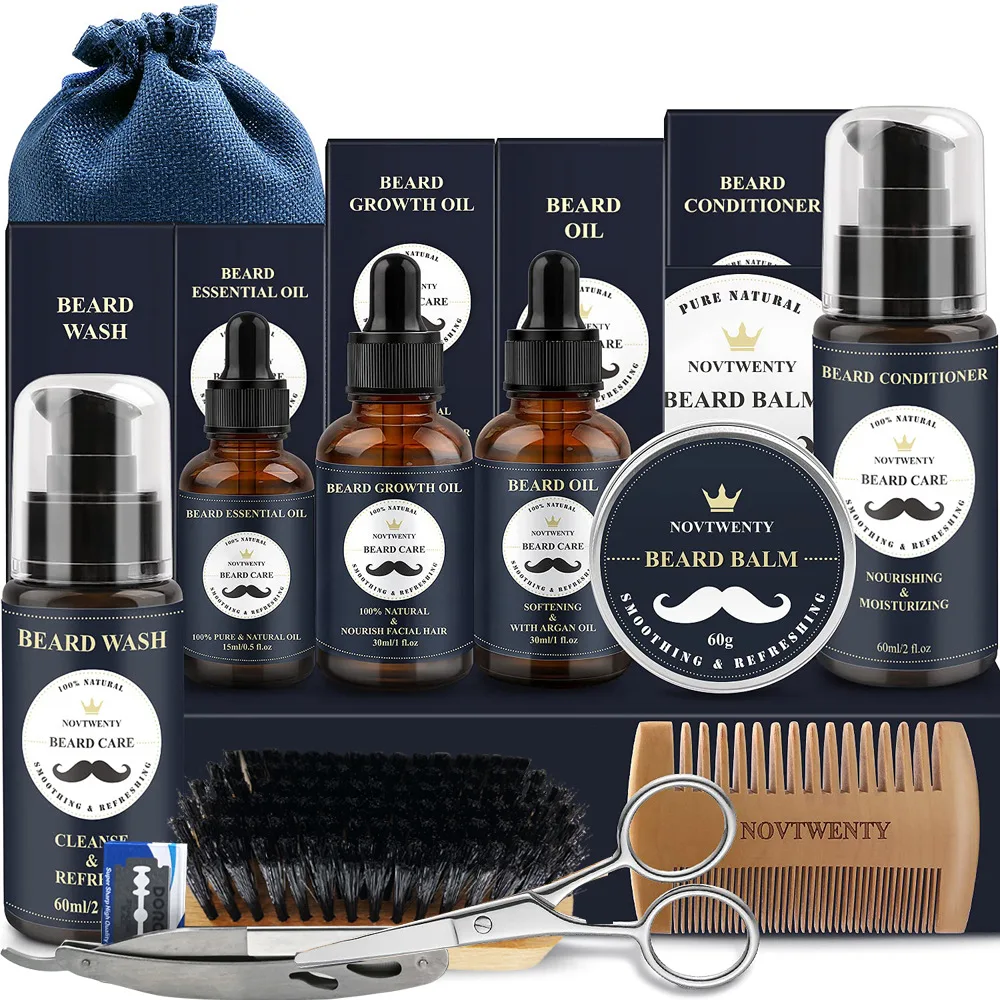 

10pcs Beard Care Set Beard Serum Oil Balm Beard Comb Bristle Brush Scissors Beard Oil Beard Growth Set Men