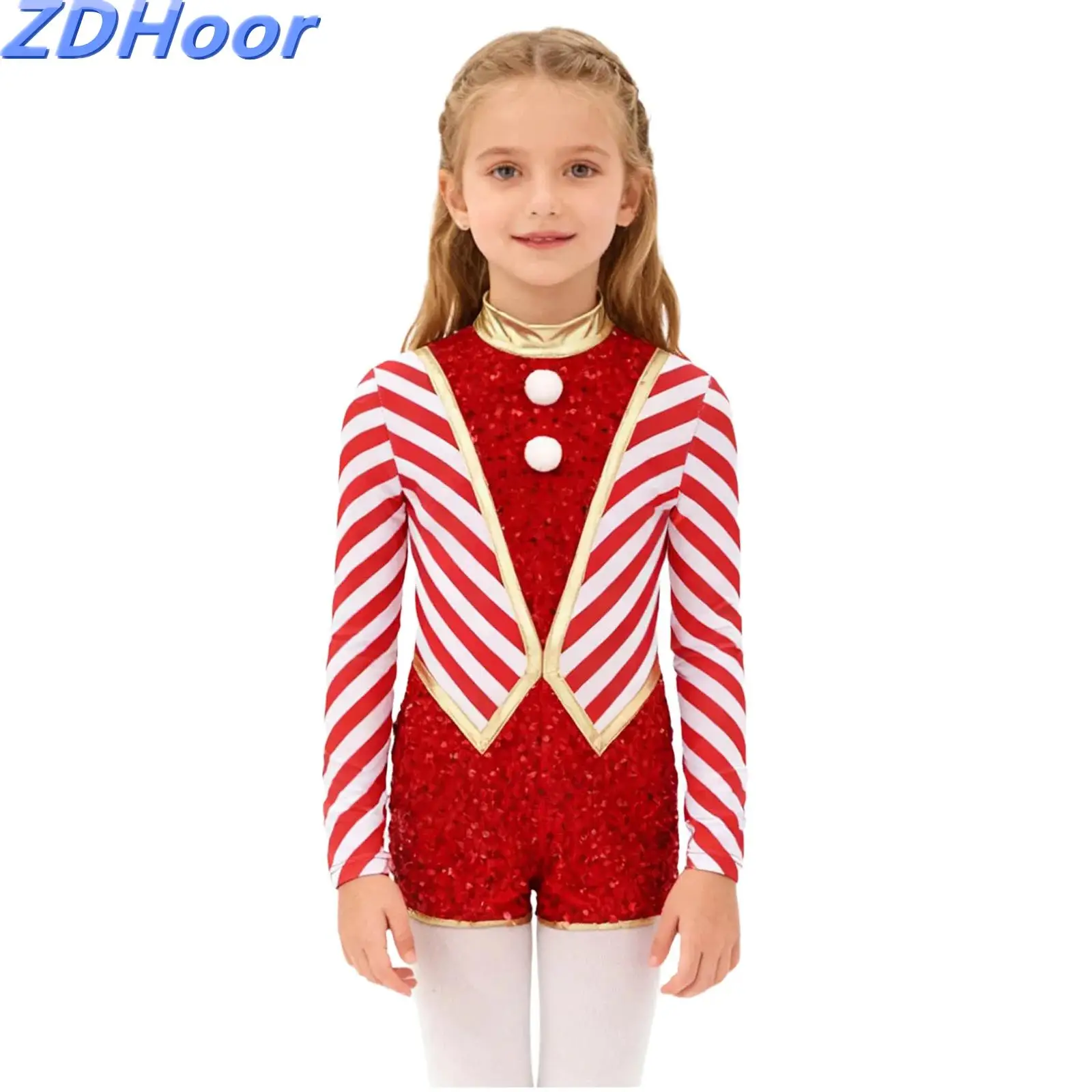 

Kids Girls Sequins Christmas Jumpsuit Mock Neck Long Sleeve Stripes Pompoms Costume Christmas Party Candy Cane Costume
