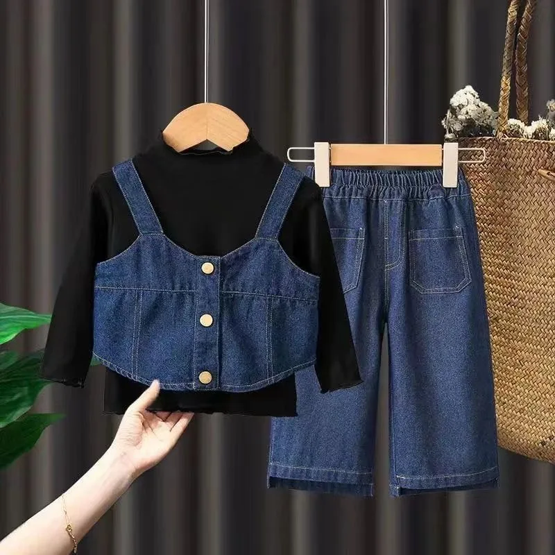 ZOETOPKID New Girls Denim Strappy Sets Baby Fashion Casual Suit Spring Autumn Children's Long-Sleeved Sweet Three-Piece Sets