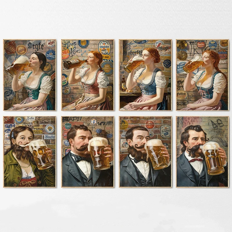 Vintage Man Woman Drinking Beer Classic Posters Canvas Printing Oktoberfest Wall Art Picture for Living Room Home Decor Gifts