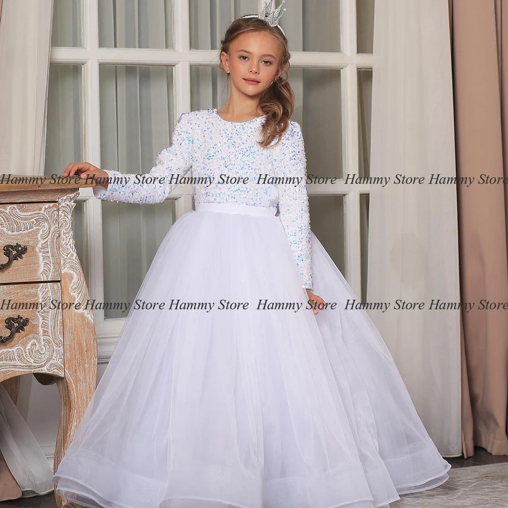 

Yipeisha White Flower Girl Dress O Neck Long Sleeves Glitter Sequin Ball Gown Graduation Party Dresses First Communion