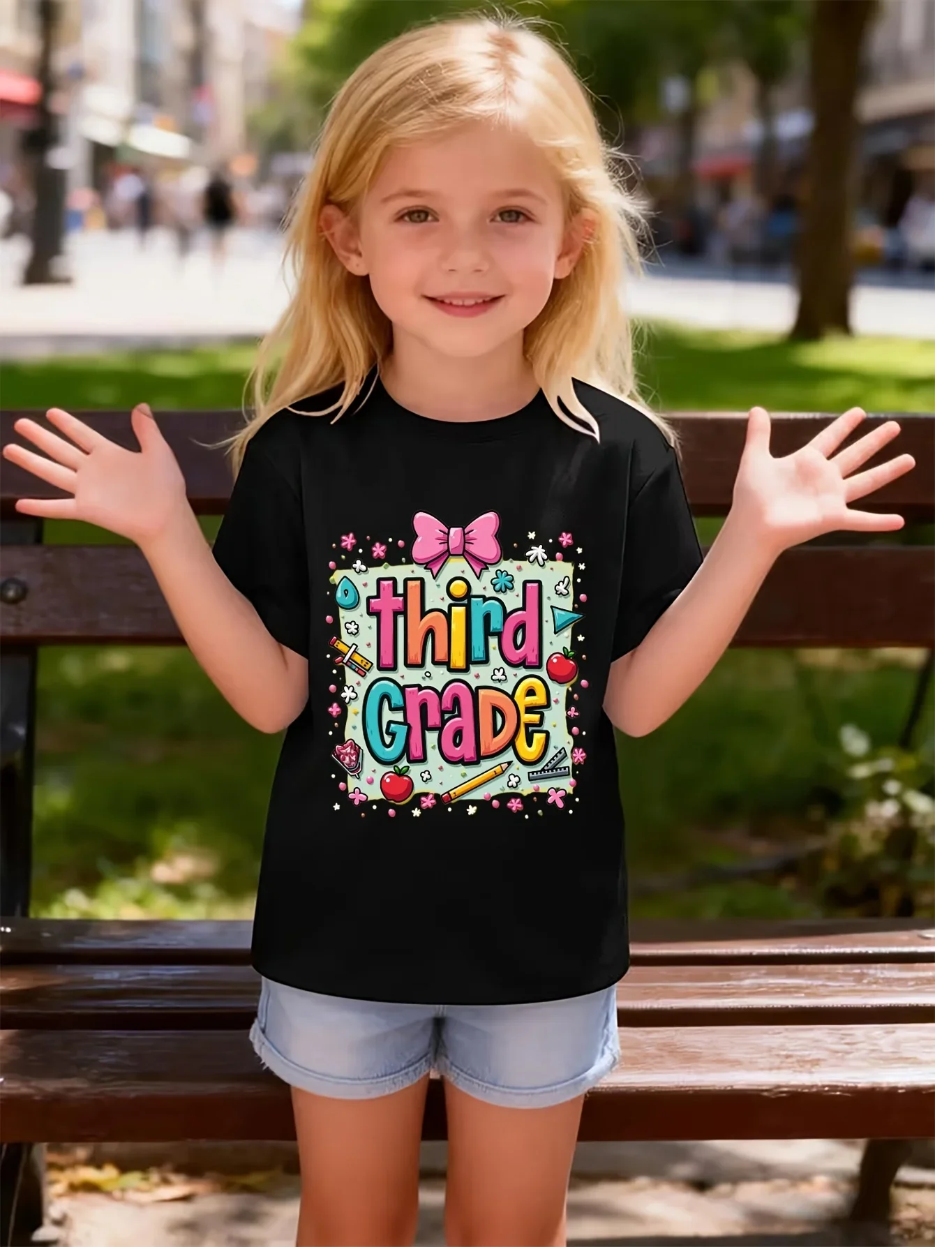 Fashion Kids Short Sleeve T Shirt Third Grade Bow Stationery Graphic Crew Neck Girls Back To School Lightweight Tee
