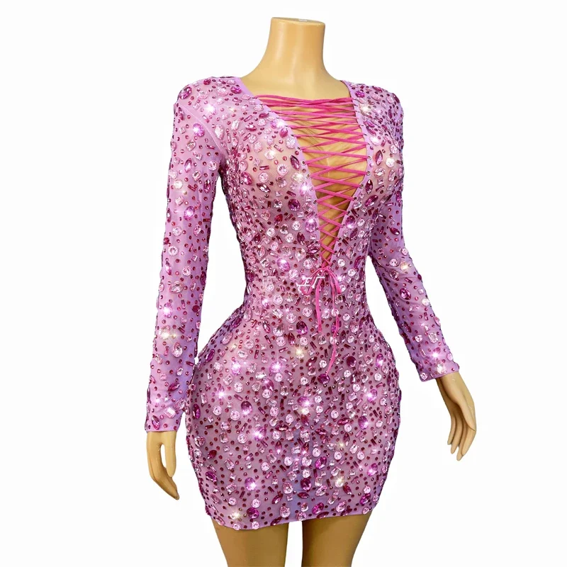 Ropa de baile de Jazz para mujer, vestido de fiesta con diamantes de imitación rosas, traje de noche Sexy con escote en V profundo, disfraz de Festival Dj Ds para club nocturno