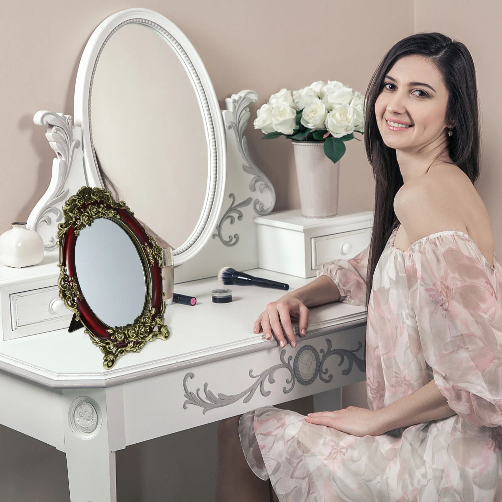 

Retro Desktop Mirror Vintage Tabletop Rustic Decor Bedroom Dresser Make up Makeup