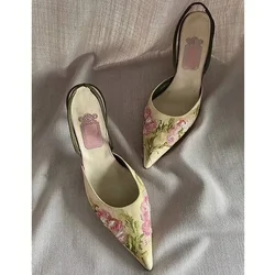 Summer Chinese Women's Shallow Mouth Baojiao Sandals Embroidery Pointy Stiletto Heels New Style Hanfu Shoes Chinese Classical