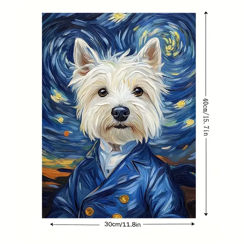 Van Gogh-Style West Highland White Terrier (Westie) Dog - لوحة فنية قماشية مرسومة يدويًا بدون إطار مقاس 11.8 × 15.7 بوصة، مدخل ليلي مرصع بالنجوم