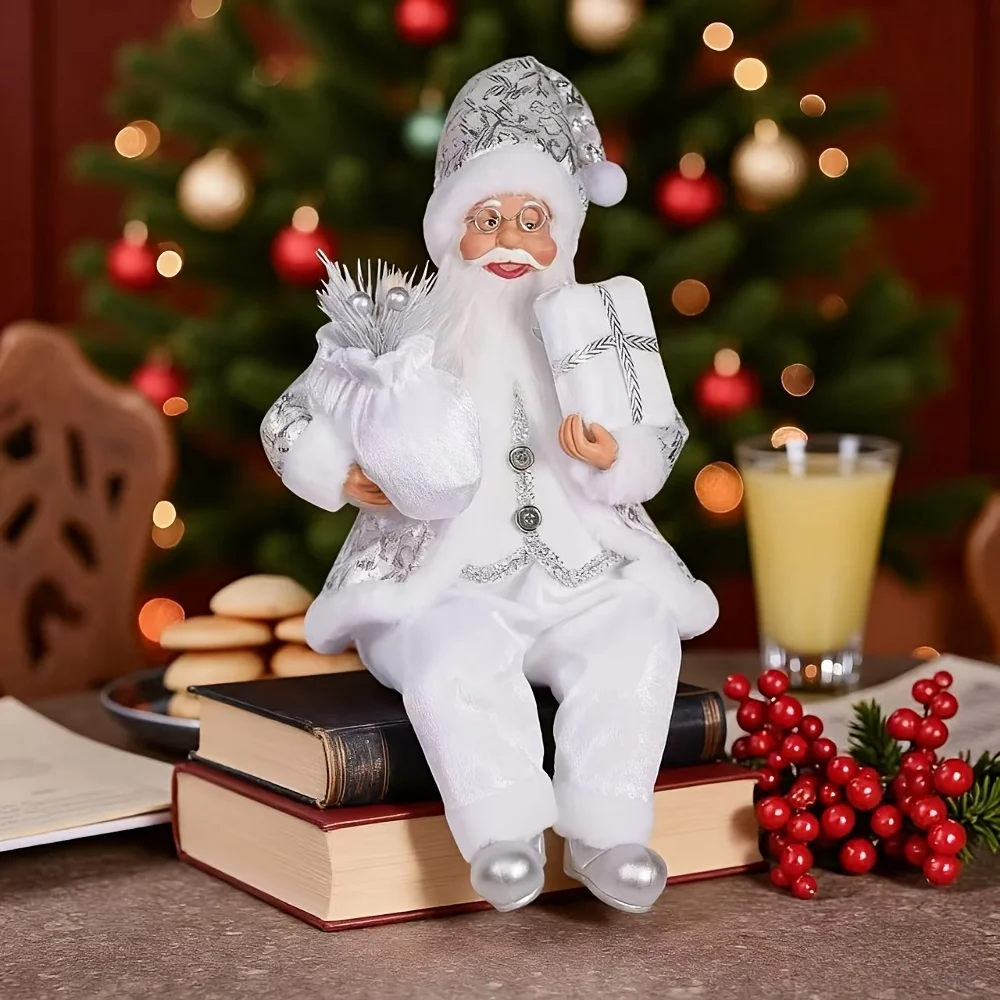 White Standing and Sitting Santa Claus, New Year, Christmas Gifts, Home Furnishings, Window Decorations