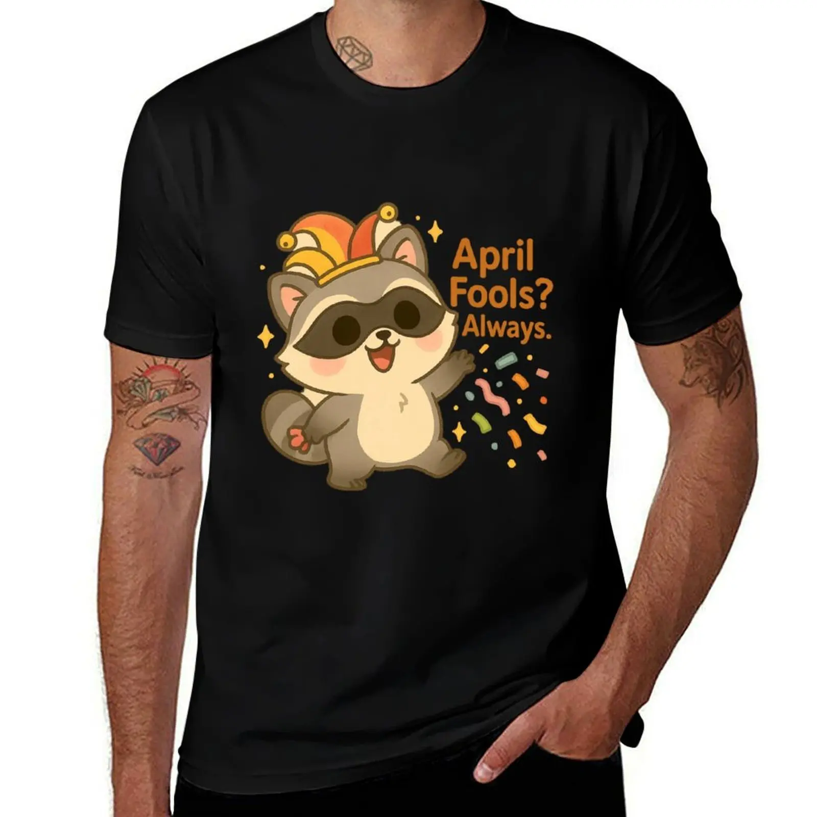 

April Fools Raccoon Sticker Funny Prank Jester Art T-Shirt luxury t-shirt blue lock heavy weight t shirts for men