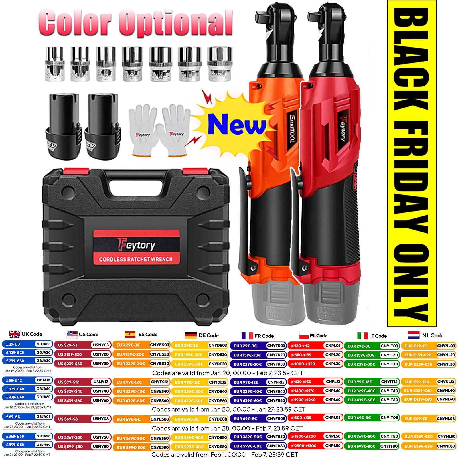 New 3/8 Inch Cordless Electric Wrench 90° Right Angle Ratchet Wrenches 12V Rechargeable Car Repair Tool with 2 Battery 7 Sockets