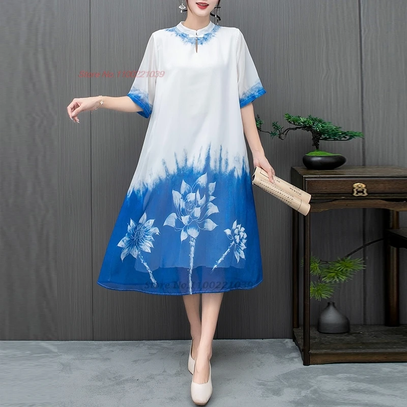 

2024 chinese vintage dress improved qipao national flower embroidery cheongsam dress oriental ethnic folk a-line dress qipao