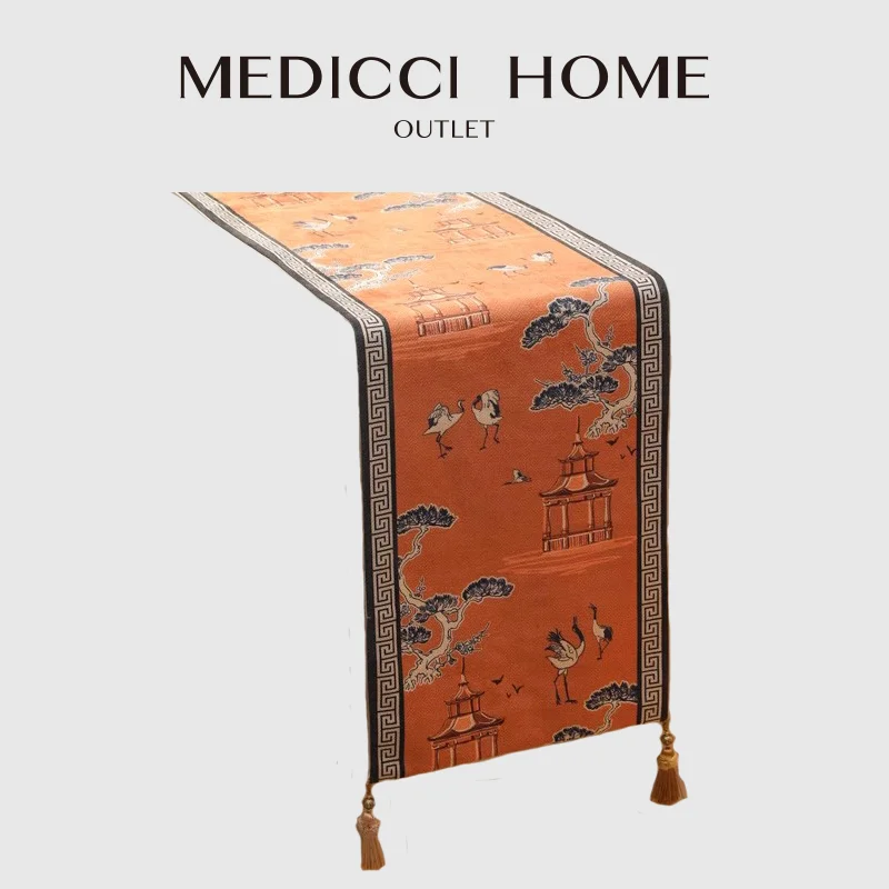 Medicci Home Luxury Royal Orange Decorative Table Runner With Tassels Chinoiserie Pavilions Landscape Retro Table Cloth Bed Flag