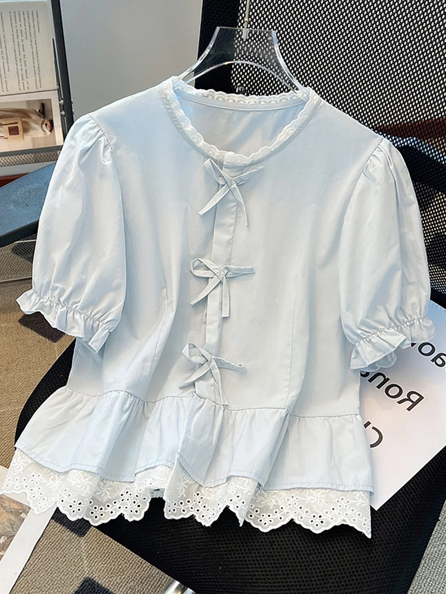 

Korean Style Sweet Lace Short Sleeve Shirt Women Summer Knot Loose Elegant Top Polyester Fiber Cotton Blend Slimming
