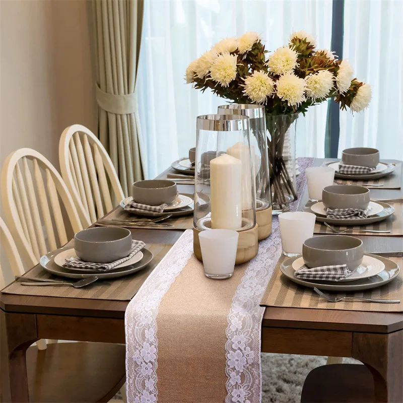 Jute Cloth Lace Table Runner Home Party Wedding Decoration Linen Home Napkin Tablecloth Decoration