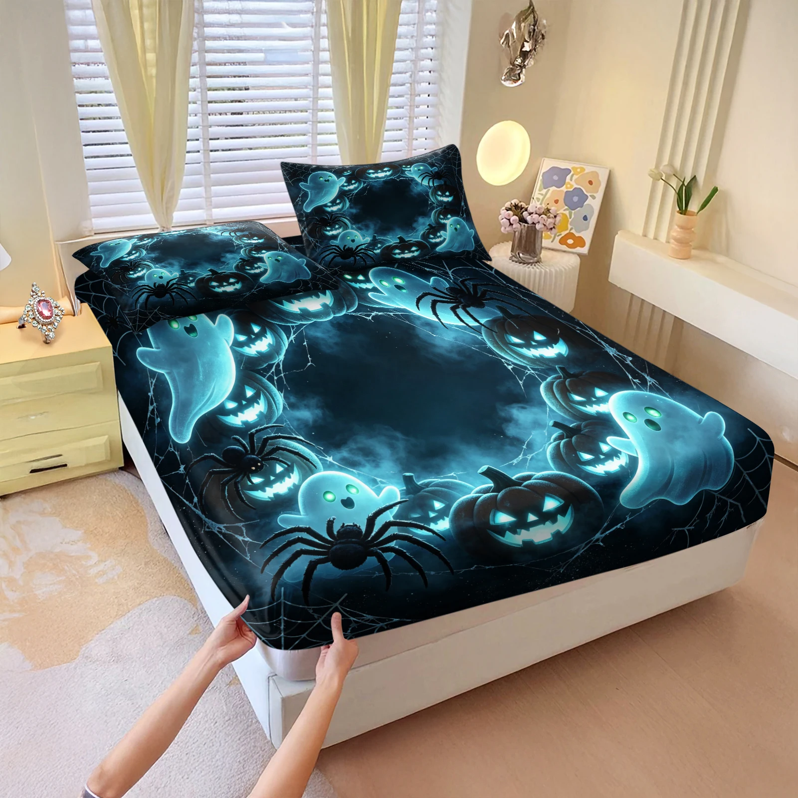 Glowing Blue Ghost Pumpkin Spider Web Fitted Sheet Set Dark Horror Halloween Mattress Cover With Pillowcase Spooky Bedroom Decor