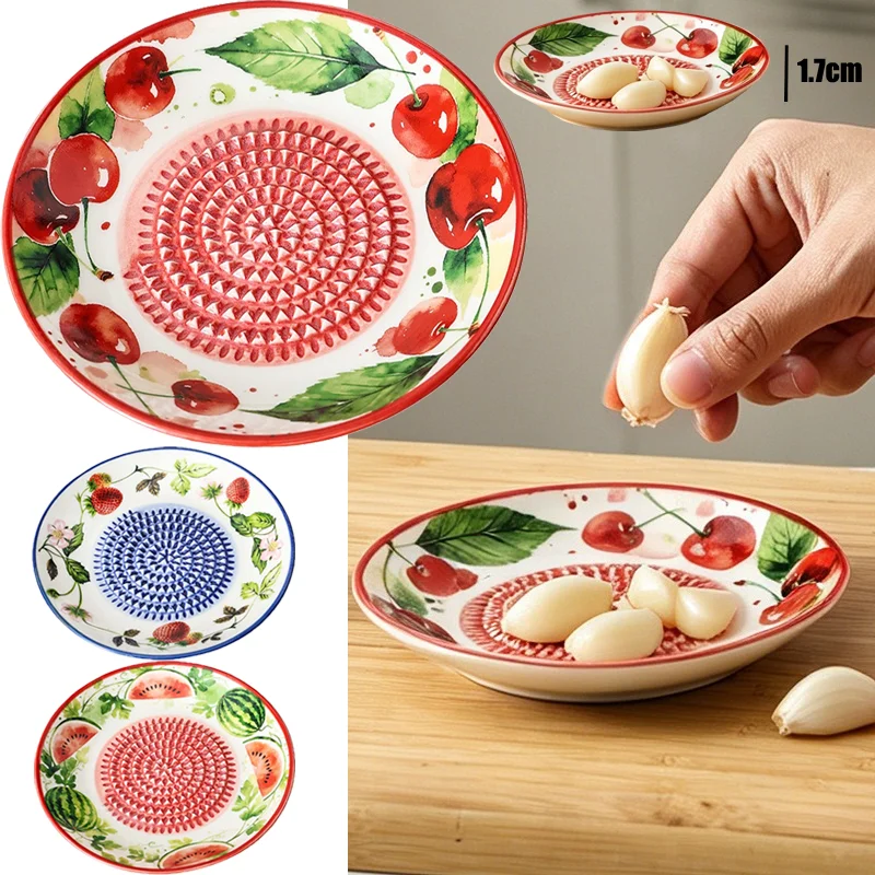 New Garlic Grater Vegetable Fruit Grinding Tool for Kitchen 2-in-1 Ceramic Ginger Grater Round Plate Manual Garlic Ginger Masher
