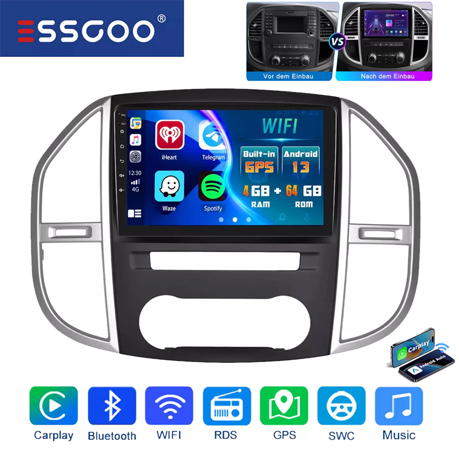 ESSGOO 10 "2 DIN Android 14 Autoradio Multimedia Video Player Voor Benz Vito 3 W447 2014-20 GPS Navi 32 GB/64G Carplay WIFI RDS BT