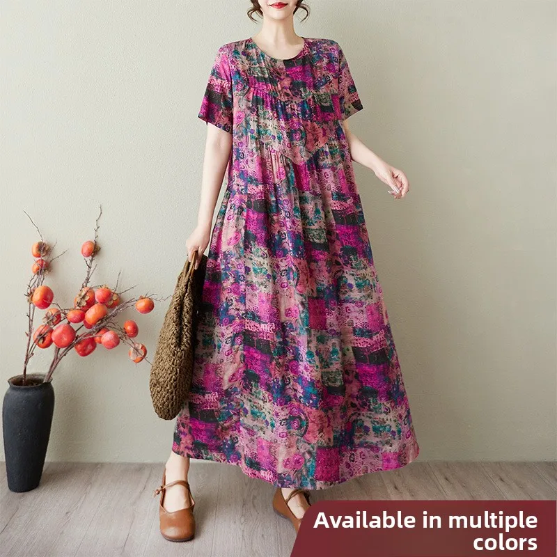 

Новое летнее ретро хлопково-льняное платье с круглым принтом Ne ort Sve, женское свободное платье больших размеров для похудения, повседневное трапециевидное длинное платье...