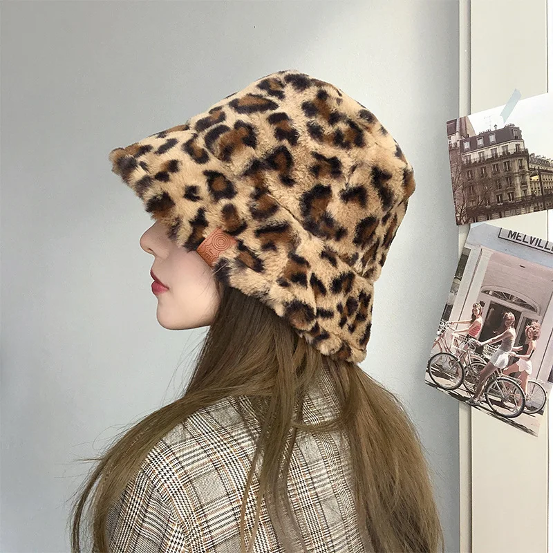 New Faux Fur Bucket Hat Women Autumn Winter Panama Hat for Men Cow Print Plush Velvet Warm Hat Fisherman Hats Vacation Cap