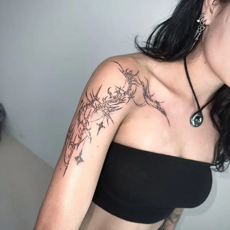 

Herbal Thorn Moon Temporary Tattoo for Women Man Arm Sexy Art Black tassel Waterproof Realistic Fake Tattoo Sticker Long Lasting