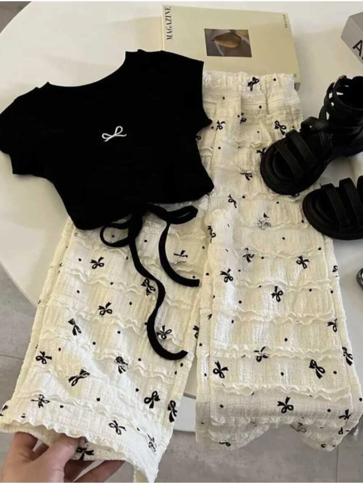 Conjunto de Dos Piezas de Estilo Coreano para Niñas, Top de Manga Corta con Lazo de Mariposa en la Espalda y Plones Ancho...