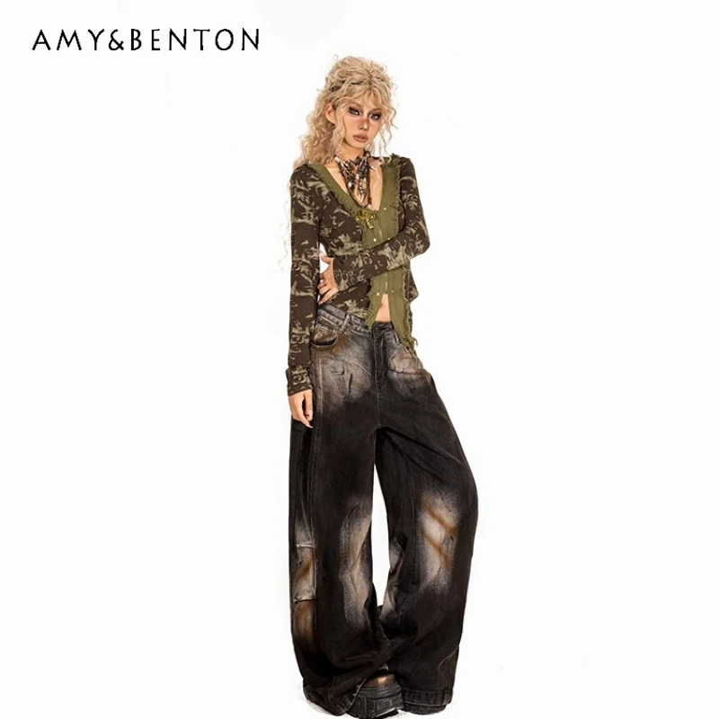 

American Retro V-Neck Women's Knitted Cardigan 2025 Autumn New Sweet Cool Music Festival Outfit Y2K Style Bottoming Shirt Ladies