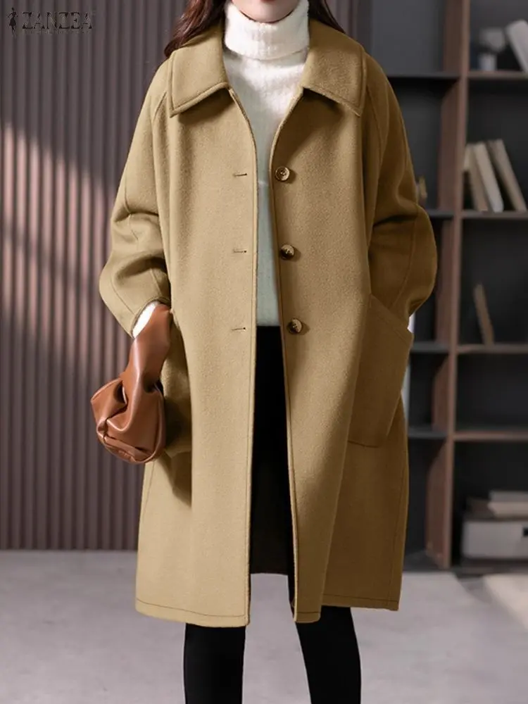 ZANZEA 冬用無地ロングアウター レディース 秋用トレンチコート スタイリッシュなウール生地トレンチ 長袖ボタンダウンジャケット 2025